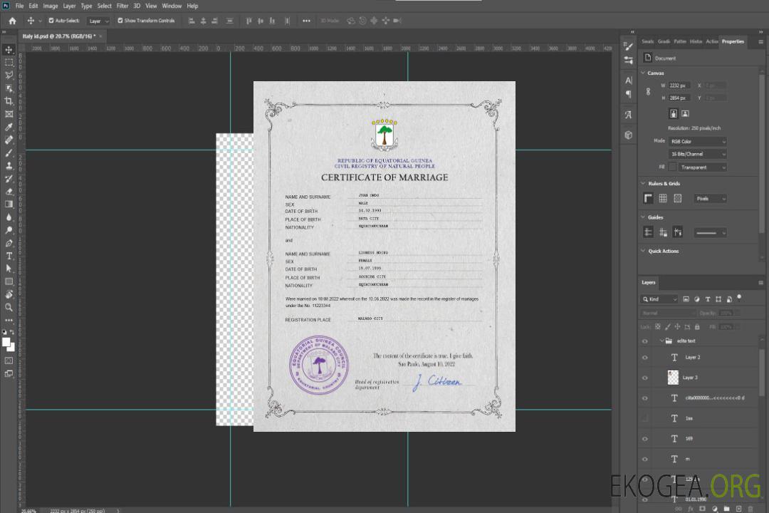 Modèle PSD de certificat de mariage de Guinée équatoriale template